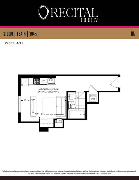 Floor plan for studio, 1 bath, 364 sqft